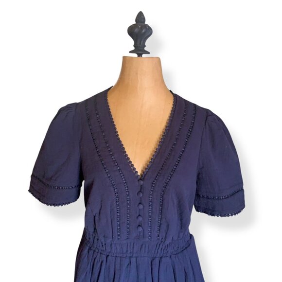 Boden Women’s Trim Double Cloth Dress Navy Blue Sz 10P Midi Romantic Cottagecore - Picture 2 of 16